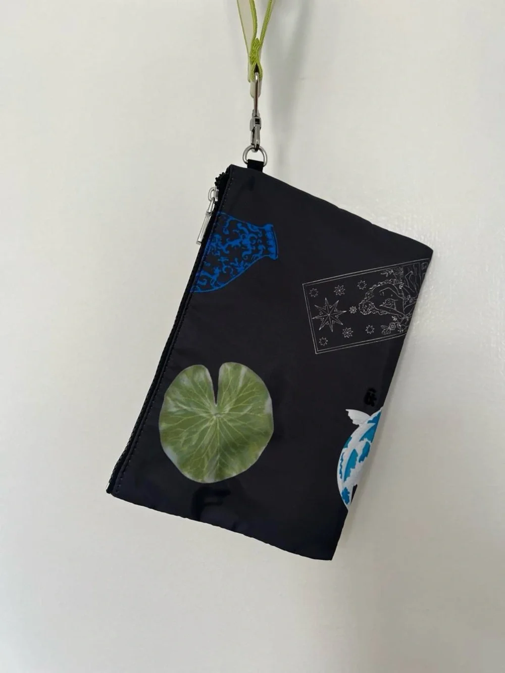 Printed Black Nylon Wristlet Pouch with Lime Accent from Parfois
